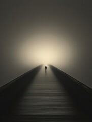 Leinwandbilder - A person strolls along a long, deserted bridge enveloped in dense fog, with a faint light glowing in the distance, creating a sense of mystery. Generative AI