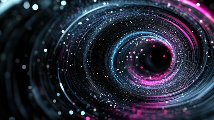 Wall Mural - A neon background with luminous swirling, a shining spiral cover, black elegant. Sparks particles, a space tunnel and glimmering glitter. An abstract 3D illustration of neon background with luminous