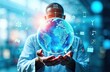 © Valiantsina - doctor holding a holographic globe. Surrounding the globe are various icons and symbols related to health and medicine