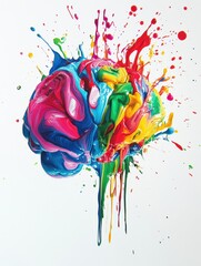 Aufkleber - Colorful paint strokes and splashes dynamically spread across a brain, showcasing an artistic expression of creativity and imagination. Generative AI