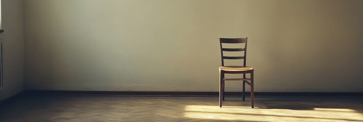 Fototapete - A quiet, empty room features wooden flooring and a lone chair against the wall, illuminated by the gentle light streaming in. Generative AI
