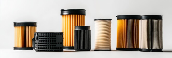 Leinwandbilder - Various automotive filters including oil, air, and fuel filters are displayed on a light background, showcasing their distinct designs and functions. Generative AI