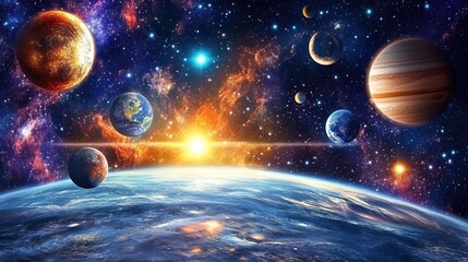 vivid cosmic view: a stunning space landscape filled with planets and vibrant colors under a starry 