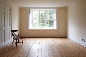 Poster - A spacious room showcases polished wooden floors and a solitary chair positioned against the wall, illuminated by sunlight. Generative AI