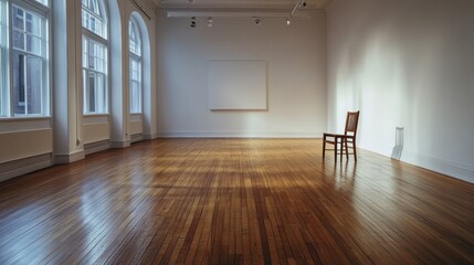 Fototapete - Sunlight streams into the space, highlighting the wooden floors and a solitary chair against a blank wall, creating a calm, minimalist setting. Generative AI