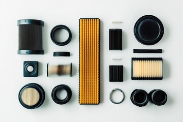 Leinwandbilder - Various car filters such as oil, air, and fuel are arranged clearly on a light background, showcasing their unique designs and functions. Generative AI