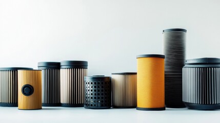 Leinwandbilder - Various car filters such as oil, air, and fuel types are displayed against a light background, illustrating essential automotive components. Generative AI