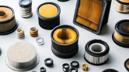 Leinwandbilder - Car filters like oil, air, and fuel are neatly arranged on a light background, showcasing their importance in vehicle upkeep. Generative AI