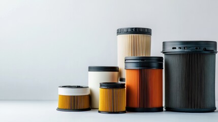 Fototapete - Showcase of various car filters (oil, air, fuel) displayed neatly on a light background, emphasizing their vehicle importance. Generative AI