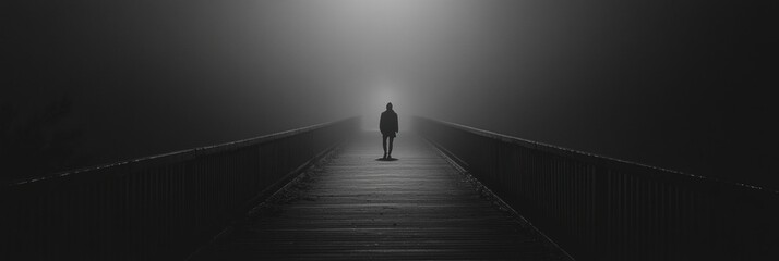 Aufkleber - A person stands alone on a lengthy bridge, enveloped in dense fog, as the soft light of early morning pierces through the mist. Generative AI