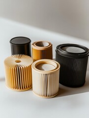 Leinwandbilder - Various car filters such as oil, air, and fuel types displayed on a light surface, highlighting their distinct designs and functions. Generative AI