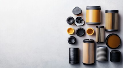 Poster - Variety of automotive car filters displayed on a light surface, highlighting oil, air, and fuel filters used for vehicle maintenance and repair. Generative AI