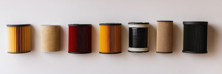 Poster - Various car filters including oil, air, and fuel types are displayed on a light background, showcasing their unique designs and colors. Generative AI