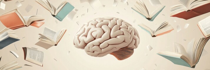 Fototapete - A brain is centrally displayed among multiple open books and pages, symbolizing the power of knowledge and the pursuit of learning. Generative AI