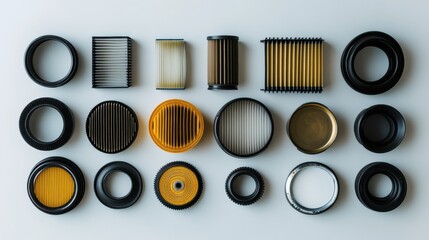 Leinwandbilder - Various car filters including oil, air, and fuel types are displayed on a light background, highlighting their unique designs and functions. Generative AI