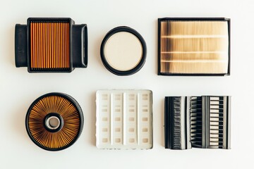 Leinwandbilder - Various car filters displayed on a light surface, showcasing oil, air, and fuel filters in distinct shapes and sizes for vehicle maintenance. Generative AI