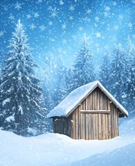 Wall Mural - Stunning winter landscape with wooden house in snowy mountains. A post-processing effect of DOF bokeh light is applied to this photograph