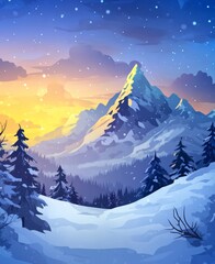 Wall Mural - Mountainous Carpathian sunrise during winter.
