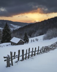 Wall Mural - Beautiful winter landscape with wooden house amidst snowy mountains. Christmas holiday concept. Carpathians Mountains, Ukraine, Europe.