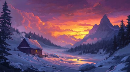 Wall Mural - An idyllic winter landscape with a wooden house in snowy mountains and a sunset with white mountain peaks. Christmas and winter vacations concept.