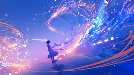 Wall Mural - girl creating magical blue light trails. fantasy art, dreamscape.