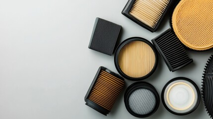 Leinwandbilder - Various car filters displayed on a light background, showcasing oil, air, and fuel filters used in vehicle maintenance tasks. Generative AI