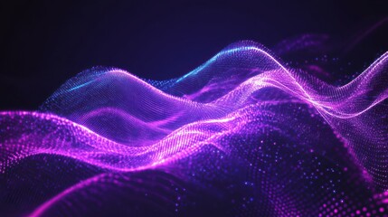 Cyber technical wave sound. Purple tech background. Network purple technology background. Big data neon background perspective.