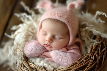 Wall Mural - Sleeping Baby in Pink Bunny Hat