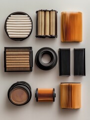 Leinwandbilder - Car filters including oil, air, and fuel are arranged neatly on a light background, showcasing their importance for vehicle upkeep and performance. Generative AI