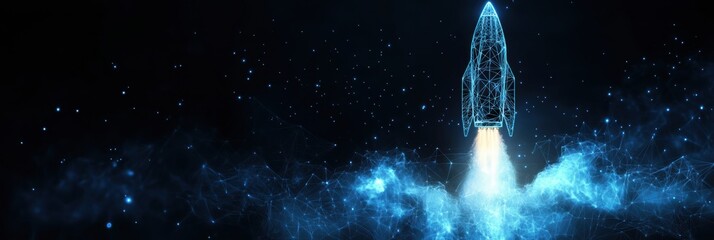 Fototapete - A futuristic rocket launches into a starry universe, constructed with polygonal wireframe design, symbolizing technology and innovation in aerospace. Generative AI
