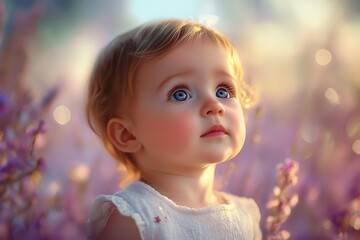 Wall Mural - Adorable Baby Girl in Lavender Field