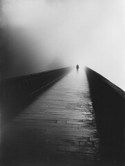 Aufkleber - A lone individual walks slowly across a deserted bridge, enveloped in thick fog as dusk settles, creating an atmosphere of solitude and mystery. Generative AI