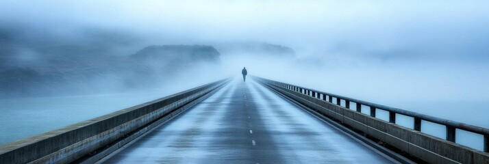 Poster - A person walks alone on a long, empty bridge surrounded by fog, creating a serene and contemplative atmosphere in the early morning. Generative AI