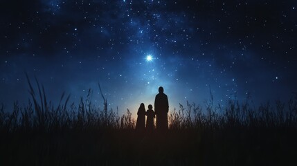 Wall Mural - holy family stands in silhouette, a bright star shining above them, surrounded by a field of tall gr