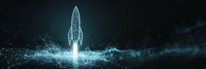 Aufkleber - A rocket launches from a digital platform, showcasing an abstract wireframe design and symbolizing innovation in space exploration. Generative AI