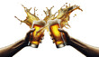 © Yasar - Two hands clink beer glasses, creating a splash of golden liquid, transparent, backgrounds, 3d, render, png