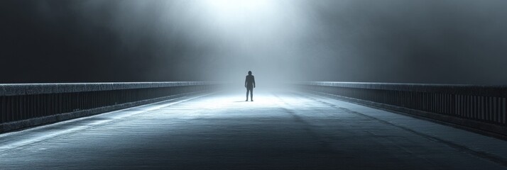 Aufkleber - A lone figure stands at the center of a long, empty bridge enveloped in fog as soft light breaks through, evoking feelings of solitude. Generative AI