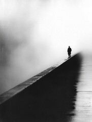 Aufkleber - A figure walks alone on a long bridge, surrounded by thick fog, evoking a sense of solitude and reflection during a quiet moment. Generative AI