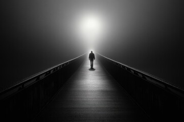 Poster - A lone person walks down a long, deserted bridge, heading toward a glaring light emerging from deep fog during early morning. Generative AI