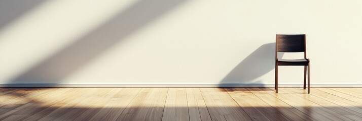 Poster - Bright light streams into the room, highlighting the polished wooden floors and creating shadows from the single chair by the wall. Generative AI