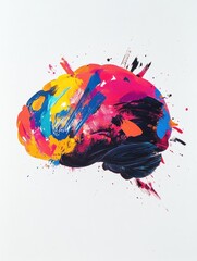 Leinwandbilder - An artistic brain is splattered with bright colors and paint strokes, showcasing creativity and expression through vivid hues and chaotic patterns. Generative AI