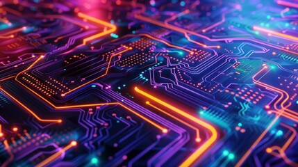 Canvas Print - Vibrant digital circuit board pattern with glowing neon lines and intricate details, creating a futuristic technology background for design projects.