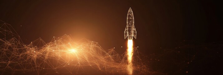 Fototapete - Polygonal wireframe rocket launches with vibrant flames, symbolizing innovation and technology in the field of space exploration. Generative AI