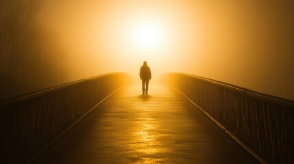 Aufkleber - A solitary figure traverses an empty bridge enveloped in fog, with the soft glow of sunrise casting a warm light across the scene. Generative AI