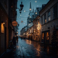 Wall Mural - evening snowy old town street with festive light displays, decorated shopfronts, and pedestrians wal