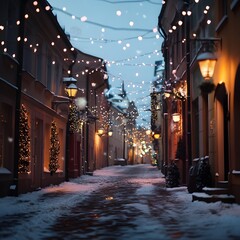Wall Mural - cozy, snowy alleyway in an old town with warm string lights, illuminated lanterns, and minimalist ch