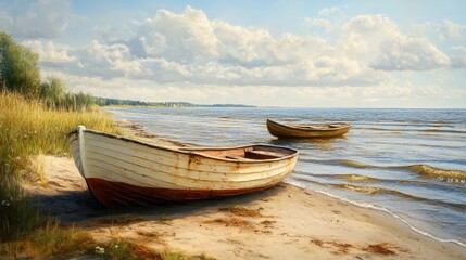  Serene Rowboats on a Tranquil Lakeshore with Gentle Waves and Lush Greenery Under a Bright Sky