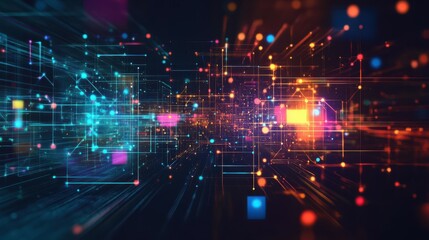 Generative AI abstract illustration of geometric shapes and structures in colorful neon colors and lights in cyberspace against dark background