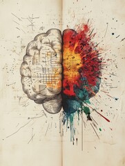 Poster - A brain split in two: one side showcases technical drawings, while the other bursts with colorful paint, representing diverse thinking. Generative AI