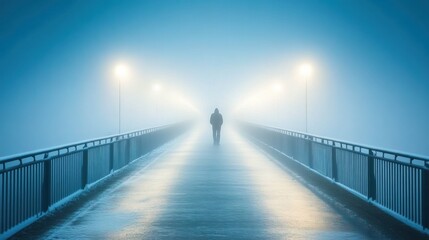 Aufkleber - A lone person walks carefully down an expansive and deserted bridge, surrounded by thick fog and illuminated by faint streetlights. Generative AI